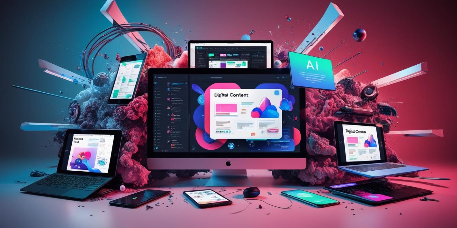 _A dynamic image showcasing various forms of digital content being created on different devices (laptop, tablet, phone) with AI elements integrated visually.