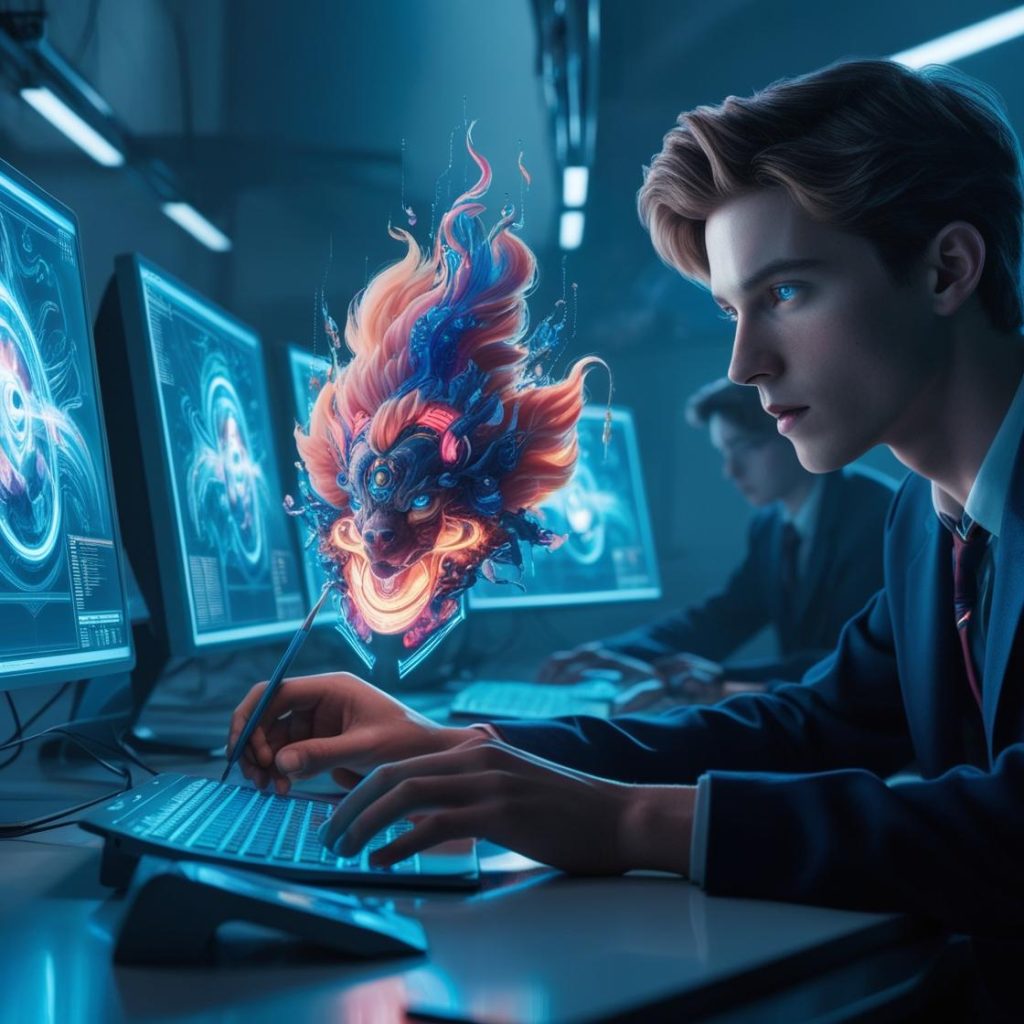 A futuristic image showcasing a student creating a stunning animation using advanced software