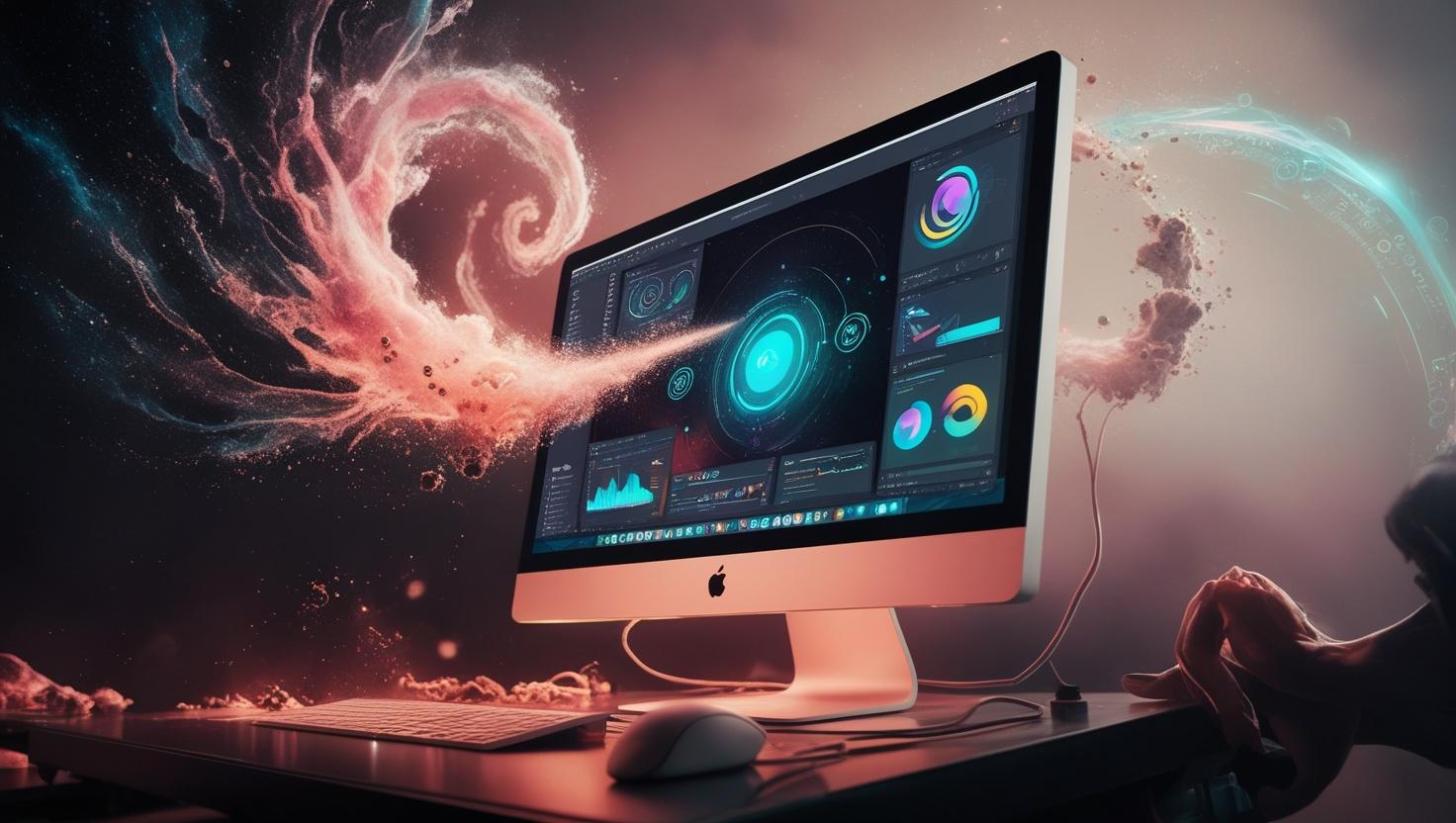 A surreal, cinematic depiction of a creative environment where Visual Design and Motion Graphics on a desktop computer unleash creative potential with AI.