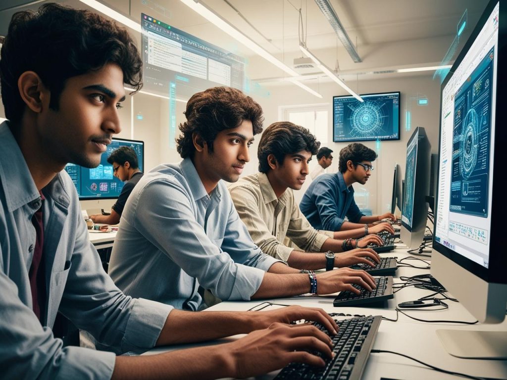 A cinematic concept scene: a dynamic collage of male Indian students actively engaged in hands-on creative tasks using computers and software. Subtle visual cues suggest AI assistance. The composition is dynamic, with cinematic color grading, filmic tones, a shallow depth of field, and high contrast. The students are depicted in a brightly lit workspace, showcasing their focused expressions and engaged postures. Details like glowing screens, intricate software interfaces, and perhaps partially visible sketches or 3D models enrich the scene.
