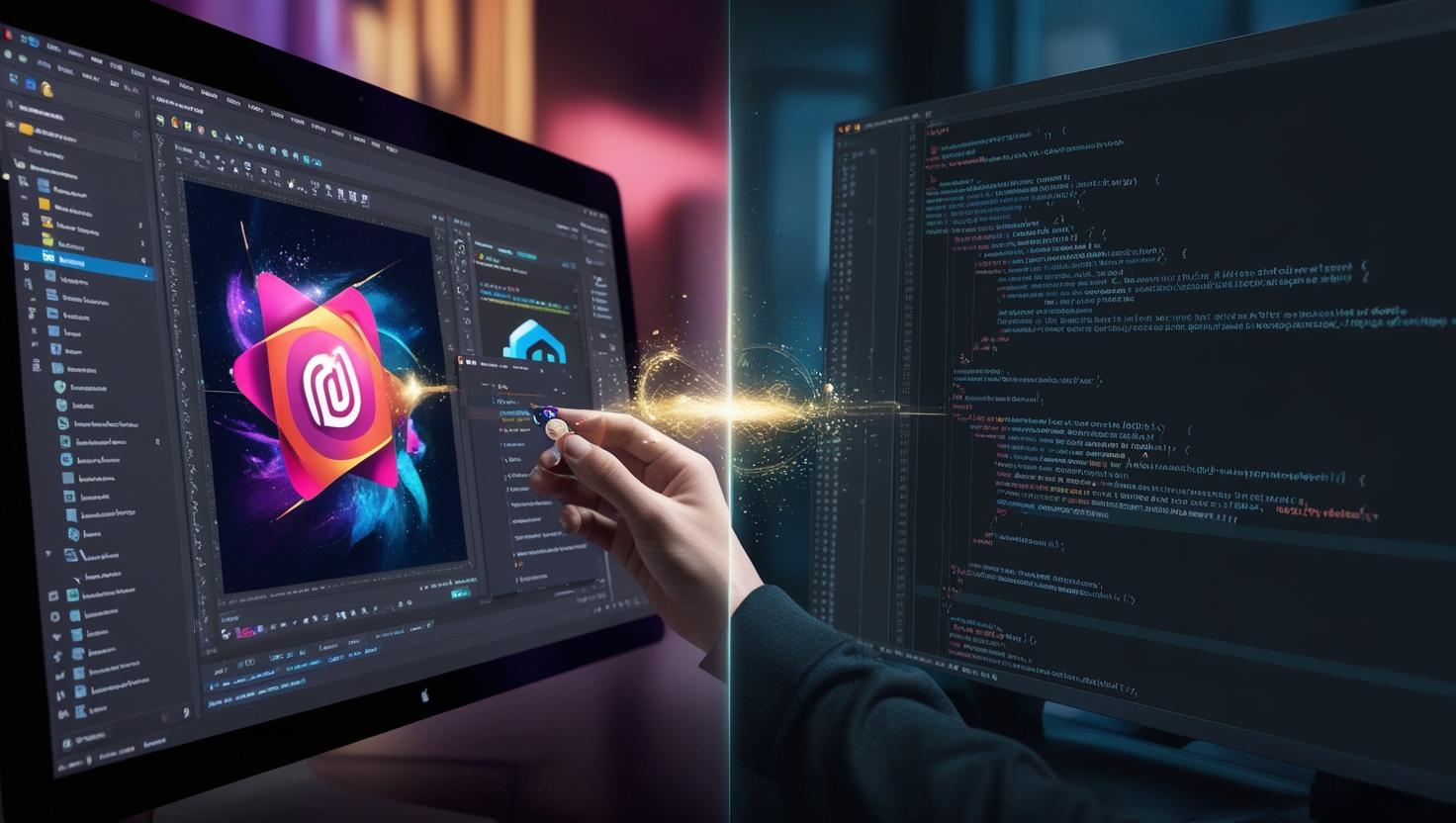 A dynamic image that visually represents the connection between design and code perhaps showing a split screen with creative design software on one side and web development code on the other with subtle AI eleme